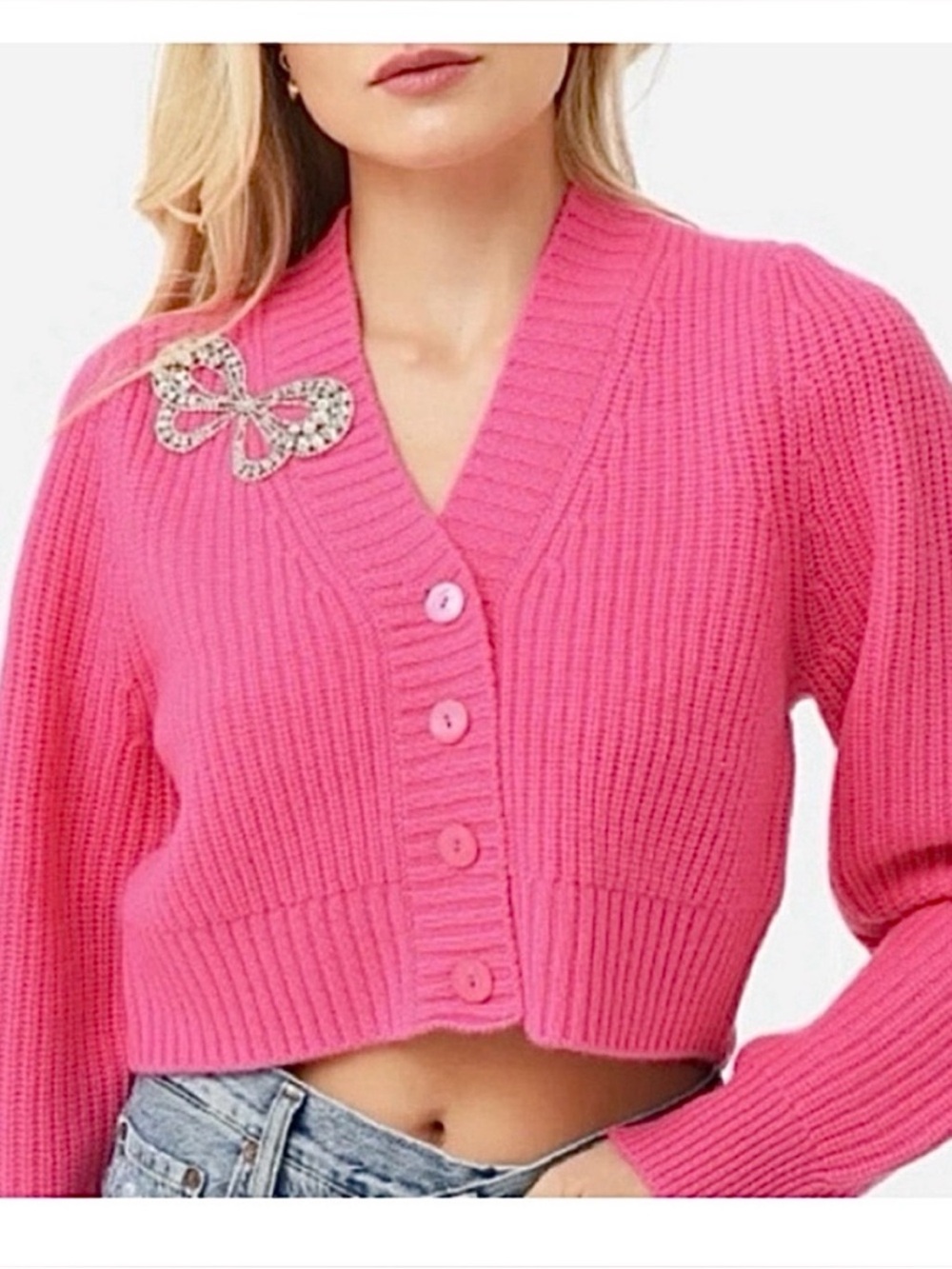 LoveShackFancy-Larsa Soft cropped cardigan with a crystal-embellished bow.